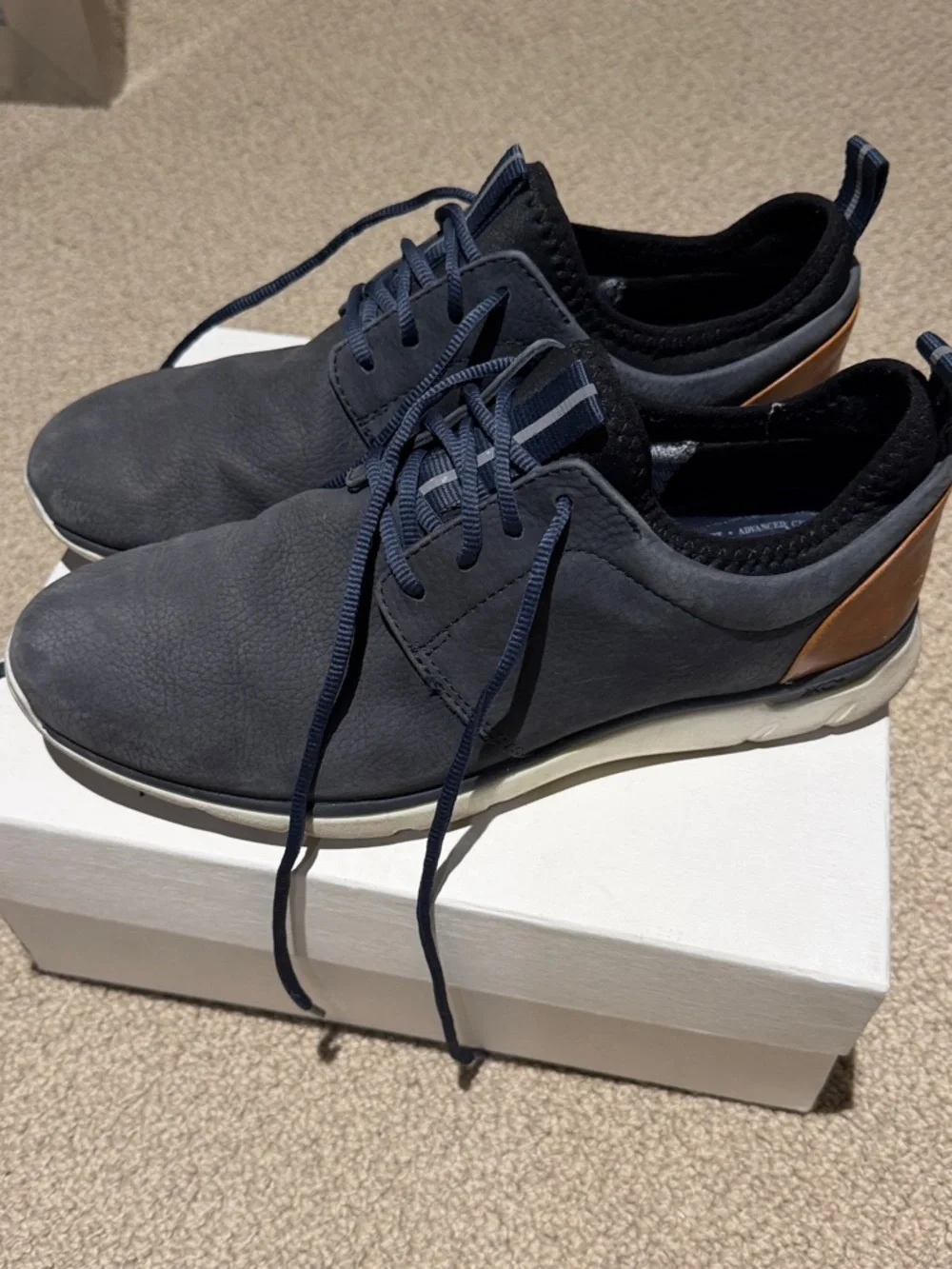 Johnson Murphy  Navy Suede Lace-Up with Brown Heel Accent